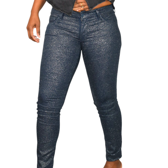 Mother Looker Jean Blue Denim Shimmer Glimmer Skinny Low Rise Stretch Sparkle 26 - Picture 1 of 14